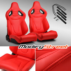 Red PVC Reclinable C-Series Sport Racing Seats Pair W/Slider Left/Right