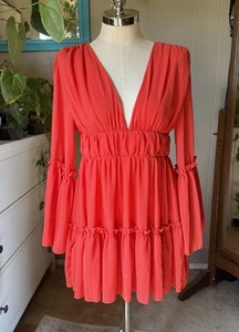 Vibrant Red V-Neck Dress with Bell Sleeves, size M NEW W/tags - Picture 1 of 9