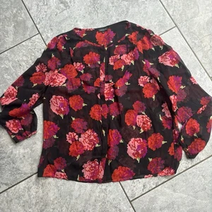Jaeger Black Red Floral Blouse Shirt Silk Size 12 Sheer - Picture 1 of 8