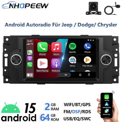 Carplay 2+64GB Android 15 Radio Für Jeep Dodge Chrysler mit NAVI RDS BT Kamera - Bild 1 von 4