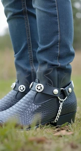Men Biker Silver Chain Black Western Boot Straps Texas Lone Star Charms 2 Bands - Picture 1 of 24