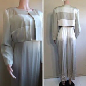 Retro 1940s 12 L Aloe Green Maxi Satin Slip Gown Straps Poly w Cropped Jacket - Picture 1 of 16