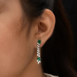 3.43 Tcw Natural Zambian Emerald SI/H Diamond Dangle Earrings 14k White Gold - Picture 1 of 9