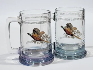 Vintage Princess House Clear Glass Pheasant Bird Gold Accent Beer Mug Set Of Two - Picture 1 of 10