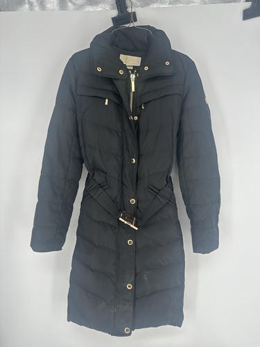 MICHAEL KORS Faux Fur Trim Down Puffer Coat Black Removable Belt XXS