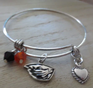 Oregon State Beavers Silver Charm Bangle Charm Bracelet Benny Beaver Heart - Picture 1 of 3