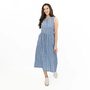 Seasalt Womens Dress Blue Stripe Creek Cottage Midi Button Woven Pockets Cotton - Picture 1 of 11