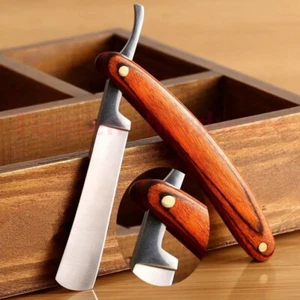 Wood Handle Straight Razor Stainless Steel Barber Beard Folding Shaving Knife - Picture 1 of 8