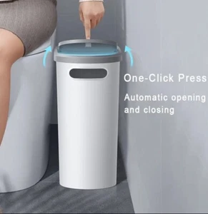 Slim Bathroom Plastic Trash Can With Lid, Space Saving Design, One-Touch to Open - Picture 1 of 7