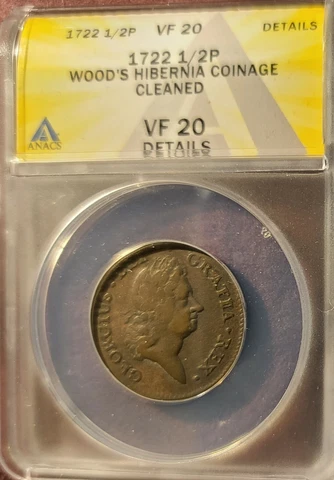 1722 1/2P ANACS VF20 Details Wood's Hibernia Coinage Cleaned 7156906 Cover