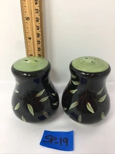 K.I.C. HAND PAINTED Salt & Pepper shakers, black w/ green leaves. NEW w/stoppers - Picture 1 of 7