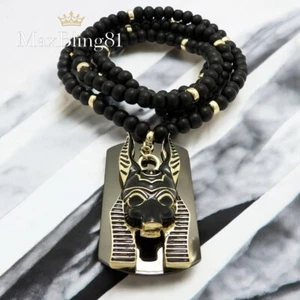Hip Hop Egyptian God Anubis & Dog Tag Pendant & 6mm 30" Wooden Bead Necklace - Picture 1 of 4