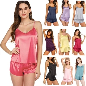 2Pcs Womens Cami PJ Top Premium Satin Pajama Pyjama Set Lingerie Sleepwear Robes - Picture 1 of 62