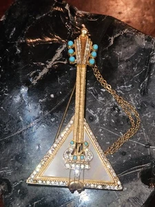 VTG Rare R. Mandle Russian Balalaika Guitar Faux Turquoise Rhinestone MOP Brooch - Picture 1 of 11