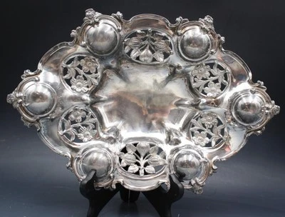 Antiguo plato de plata Reed & Barton de la década de 1890 repujado cesta de trabajo abierta cuenco central Foto 1 de 4