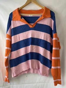 Cotton On XL Striped Collared Knit Jumper – Bold Pink Orange Navy Pullover - Picture 1 of 5