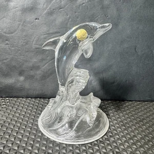 Vtg Cristal D'Arques Lead Crystal Dolphin Figurine On Frosted Glass Wave Base 6” - Picture 1 of 23