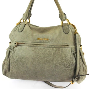 miu miu 2WAY shoulder bag logo gray gray leather Authentic used T18103 - Picture 1 of 9