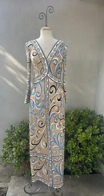 Maxi Vestido De Colección Mod Años 70 Emilio Pucci Beige Azul Seda Poliéster Talla Pequeña Foto 1 de 4