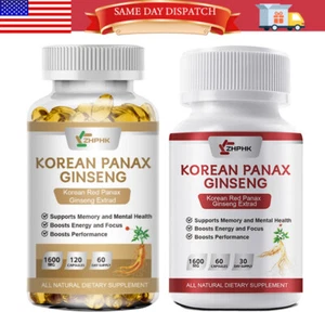 Organic Red Korean Panax Ginseng Capsules, 60 Tablets, 1600mg Energy Focus - Picture 1 of 22