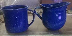 Blue Speckled Enamelware Small Creamer Pitcher & Coffee Cup Mug - Picture 1 of 9