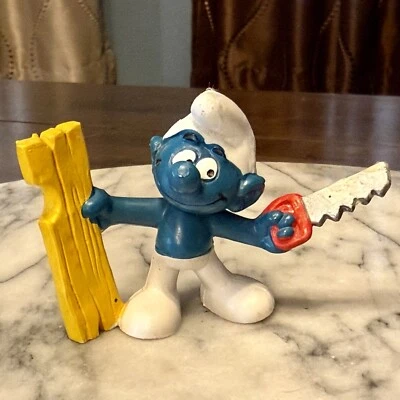 Figura Pitufo Carpintero Pitufo Pitufo Sierra Madera De Colección 1979 Peyo Figura Schleich Foto 1 de 4