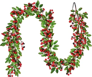 6 FT Red Berry Garland Christmas Decoration Clearance, Green Leaves Garland Arti - Picture 1 of 12