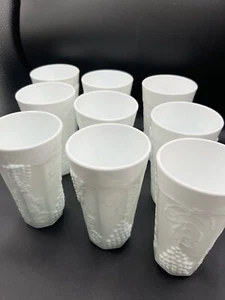 Vtg White Milk Glass Raised Grape Vine Pattern 12 oz Drinking Glasses Set of 9 - Picture 1 of 4