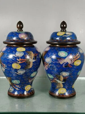 8'' China Cloisonne copper Pot Jar a pair Old Brass Pot Tank Animal crane - Image 1 of 4