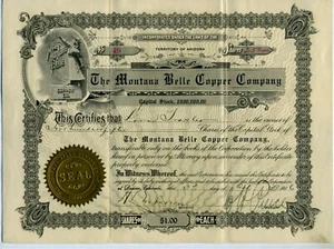 STOCK CERTIFICATE – ARIZONA TERRITORY – MONTANA BELLE COPPER CO - Picture 1 of 1