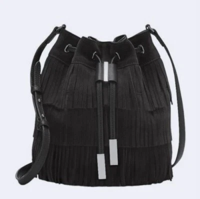 Bolso de Hombro VINCE CAMUTO Negro Gamuza Cuero Flecos Cubo Cordón Nuevo con Etiquetas $278 Foto 1 de 4