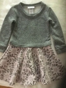 Girls 4T Dress L/S Gray Pink Lace Overlay Twirls Metallic Sparkles Dressy NEW  - Picture 1 of 6