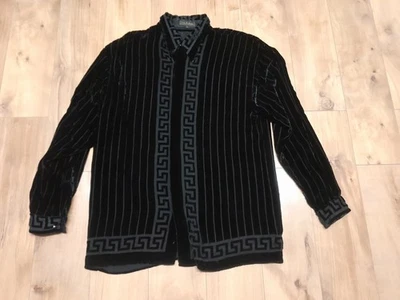 Рубашка Ceta Italiano черная бархатная в тонкую полоску с греческим принтом ~ ~ мужская размер большой  - Изображение 1 из 4