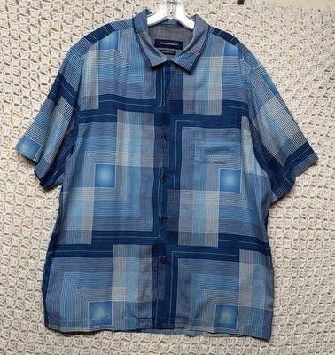 Tommy Bahama 100%Silk Shirt Mens L Blue Geometric Polo Performance Button Up - Image 1 of 4