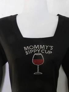 Mamas Schnabeltasse "WEIN" Strass FUN Glitzer Shirt Small 3/4 Quadrat SCHWARZ Neu mit Etikett - Bild 1 von 1
