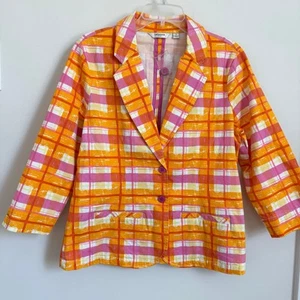 NWOT Liz Claiborne Woman’s pink and orange plaid Blazer Button Up 3/4 Sleeve Med - Picture 1 of 5