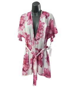 VTG Linea Donatello Robe Women S/M White Floral Print Short Chemise Wrap Belt - Picture 1 of 9