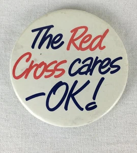 Vintage Pin Badge 'THE RED CROSS CARES - OK' 1980's 56mm (#A4) - Picture 1 of 3