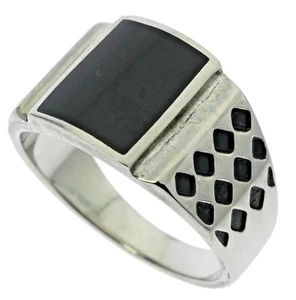 Black Onyx Diamond Pattern Accent Mens Stainless Steel Ring size 8 T50 - Picture 1 of 3