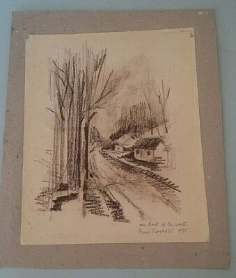 Dibujo a carbón paisaje anotación por carretera firmado René Tommasi 1955 Foto 1 de 4