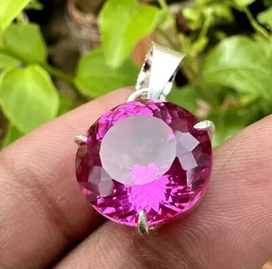 925 Solid Silver Necklace 25+CT Genuine Lab Grown Pink Sapphire Gemstone - Picture 1 of 6