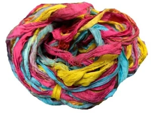 Recycled Sari Silk Ribbon Yarn -Pink, Yellow, Blue Shaded -50 GMS - Boho Ribbon - Picture 1 of 5