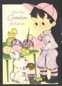 Vintage Embossed Goldtone EASTER Card GRANDSON Boy Painting Eggs Rabbit Ducks - Picture 1 of 5