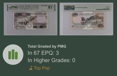 Somalia 20 Shilin 1983 "Specimen" TOP POP PMG 67 - Image 1 of 3