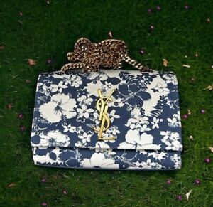 Saint Laurent Blue Floral Print Kate Purse Preowned Never Used & Auth Paperwork