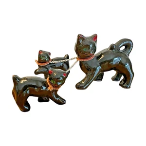 CAT & 2 Kitten Kitty Figurines Vintage Chained Pipe Cleaner Collar Redware JAPAN - Picture 1 of 16