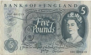 BANK OF ENGLAND BANKNOTE 5 B324 1971 FIRST SERIES GVF-aEF 99C 640219 - PAGE - Bild 1 von 2