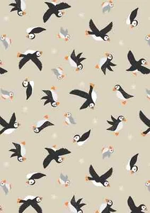 Lewis & Irene - 'Puffin Bay' Puffins on dark cream - Picture 1 of 1