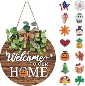 Interchangeable Seasonal Welcome Sign Front Door Decoration, Rustic round Wood W - Picture 1 of 11