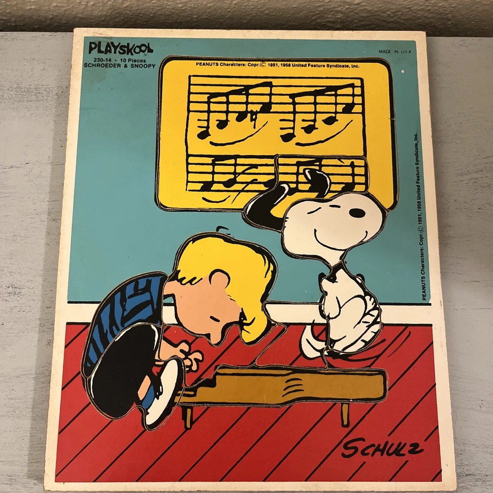 Rompecabezas de madera vintage de cacahuetes Snoopy y Schroeder United Feature Syndicate Foto 1 de 4